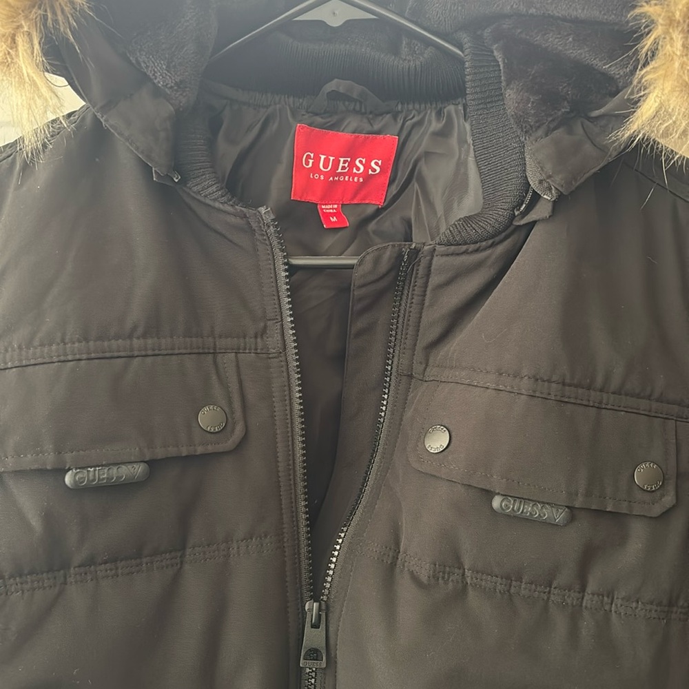 Guess Black Hooded Jacket with Faux Fur Trim